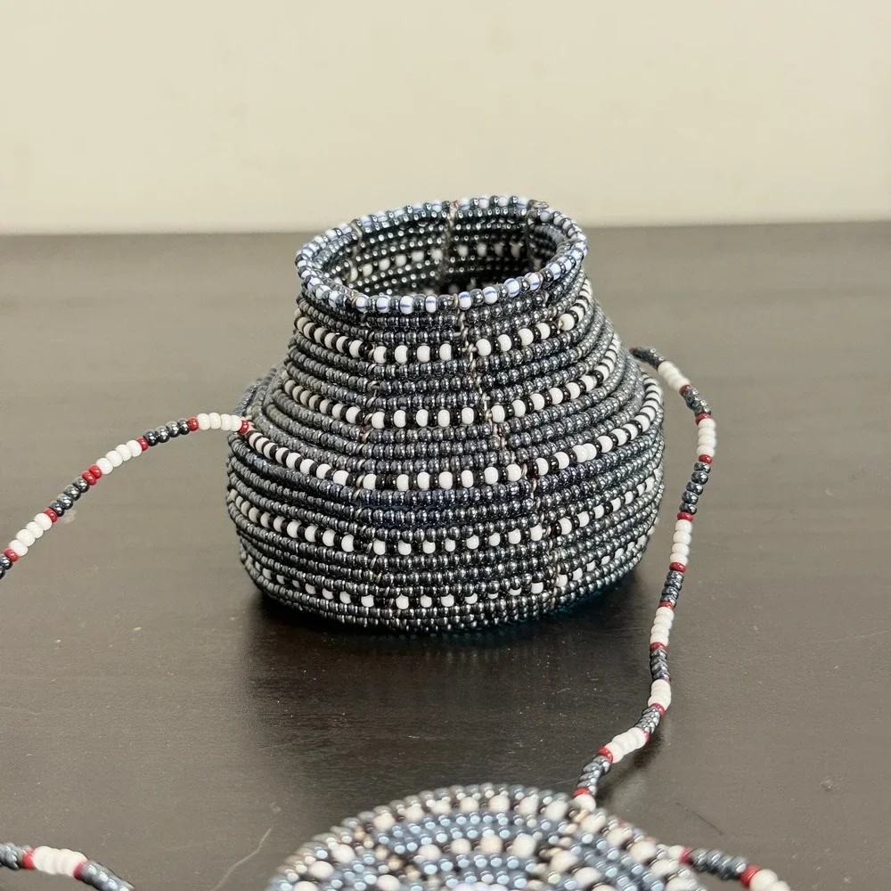 Handmade Beaded Miniature Basket Bag Coiled Wire Seed Bead Trinket Pot
